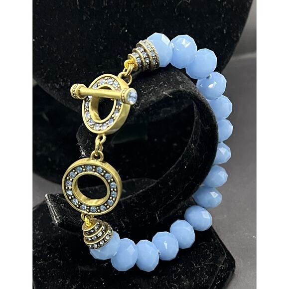 Heidi Daus Faceted Glass Beads Crystal Rhinestone Toggle Bracelet Blue Signed - Picture 2 of 12
